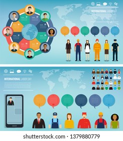 Two banners with people of different occupations. Professions icons set. Flat design. Vector illustration