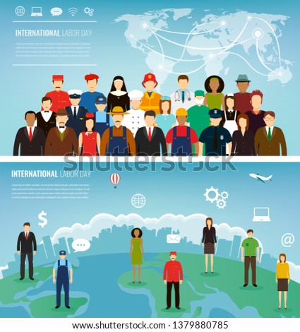 Two banners with people of different occupations. Professions icons set. Flat design. Vector illustration