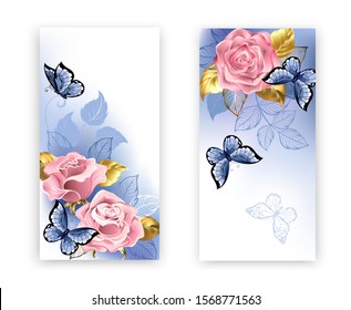 Two banners with pink roses, jewelry gold and blue leaves with blue butterflies on white background. Rose Quartz and serenity.