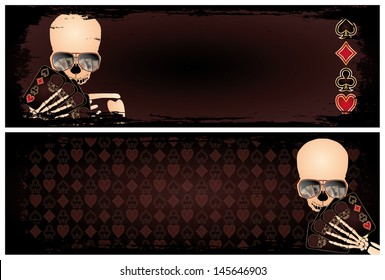 Two banners with poker skeleton, vector illustration