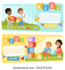 Two Banners With Preschool Kids With Colored ABC Cubes. Speech Therapy. Playful Learning. Flat Vector Design For Child Development Center Or Kindergarten Web Site