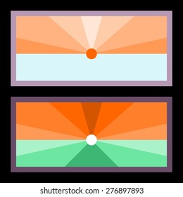 Two banners with radiant sun over horizon - stylized flat graphic