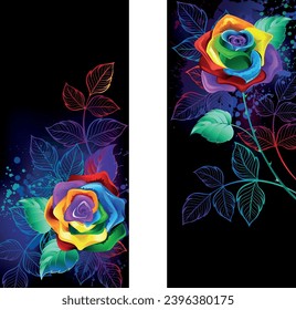 Zwei Banner mit Regenbogen, künstlerisch gezeichnet, leuchtende Rosen, geschmückter Neon, helle Blätter auf schwarzem Hintergrund. Regenbogen stieg. Handgezeichnete Vektorkunst.