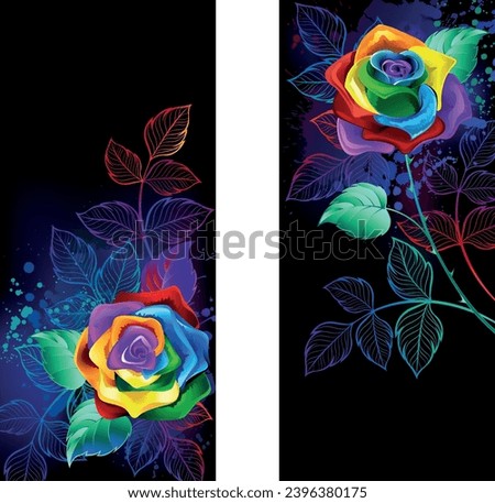 Two banners with rainbow, artistically drawn, luminous roses, decorated neon, bright leaves on black background. Rainbow rose. Hand drawn vector art.