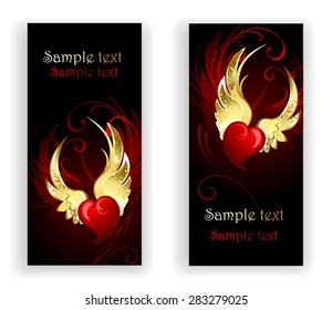 Two banners with red hearts angel with golden wings on black background.