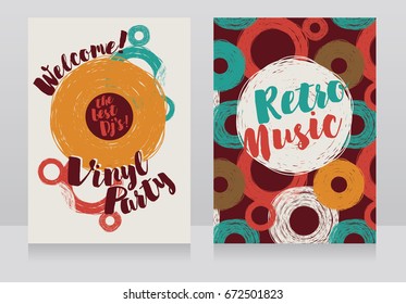 two banners for retro vinyl party, disco style invitations, 60s style colors,  vector illustration