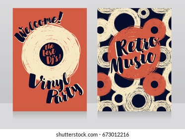 two banners for retro vinyl party, disco style invitations, red and black colors, vector illustration