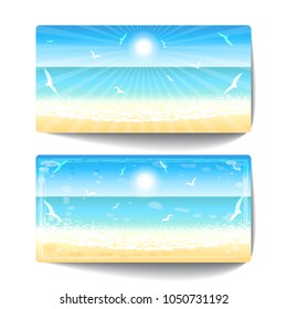 Two banners of sand beach at sunset time. Vector illustration.