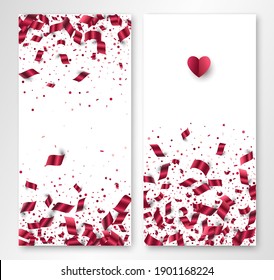 Two banners with scattered red foil paper confetti and papercut heart. Vector flyer design templates for Valentines design, wedding, invitation cards, certificates. All layered and isolated
