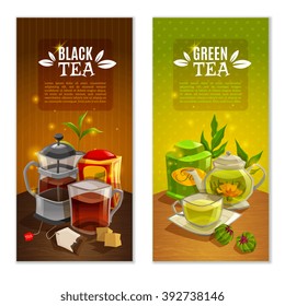 Two banners set with black and green tea on the table with accessories on colored background vector illustration