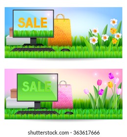 Two banners shows online shopping, spring sale. The illustration shows the boxes, goods, shopping bags.