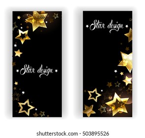 Two banners with small, shiny gold stars on black background.