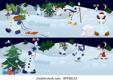 Two banners of snowmen living in magic forest