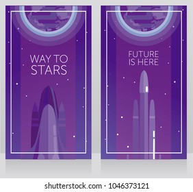 Two banners for space travels with modern space shuttles and Earth, can be used for space exploration program, vector illustration 