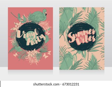 two banners for summer vinyl party, disco style invitations in trendy tropical style, mint and pink colors, vector illustration