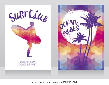 Two banners for surf club with silhouette of the man with a surfboard and palms, geometric style vector illustration