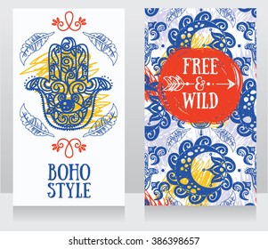 two banners template with hamsa symbol in boho style, vector illustration