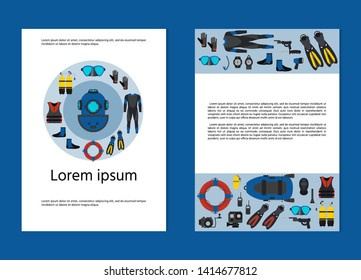 Two banners templates  with underwater equipment. Diving sport shop. Snorkeling recreation concept. Vector illustration