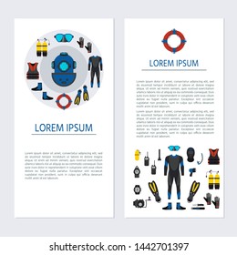 Two banners templates  with underwater equipment. Diving sport shop. Snorkeling recreation concept. Vector illustration