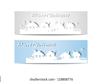 Two banners with the theme of winter landscapes and snowflakes, paper effects and text box
