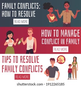 Two banners with tips how to resolve and manage of family conflicts. Rupture of relations couple of man and woman, unhappy married, quarrel and divorce. Flat vector illustrations