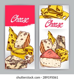 two banners with various appetizing cheeses. hand-drawn illustration