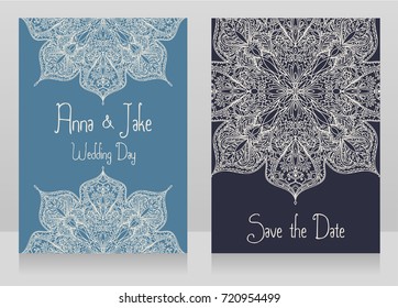 Two banners for  wedding with beautiful lace ornament, winter palette, vector illustration