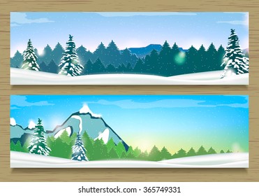 Two Banners with Winter Landscape and Snow Mountains. Winter Background. Vector.