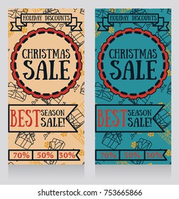 Two banners for winter season sale, retro style with labeles and ribbons, vector illustration