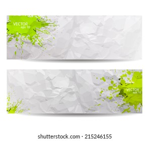 Two banners with yellow abstract spray paint. Crumpled paper background. Hand drawn, Colorful header. Watercolor splashes and strokes.