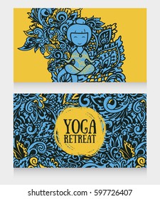 two banners for yoga retreat or yoga studio with beautiful fantasy ornament and girl in lotus asana, vector illustration