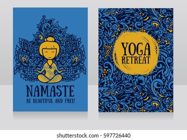 two banners for yoga retreat or yoga studio with beautiful fantasy ornament and woman in lotus asana, vector illustration