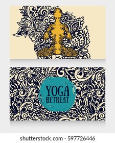 two banners for yoga retreat or yoga studio with beautiful fantasy ornament and human in lotus asana, vector illustration