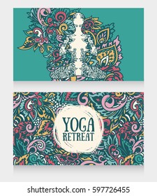two banners for yoga retreat or yoga studio with beautiful fantasy ornament and human in lotus asana, vector illustration