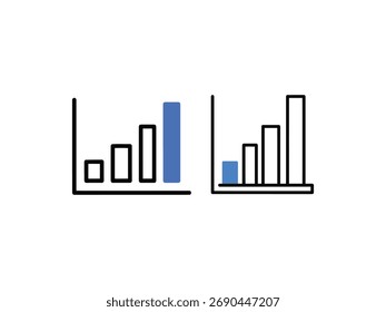 Zwei Balkendiagramme mit blauen Lichtern, einzeln auf weißem Hintergrund, die Wachstum, Fortschritt und Erfolg in Unternehmen, Finanzen und Wirtschaft darstellen. Vektorgrafik.