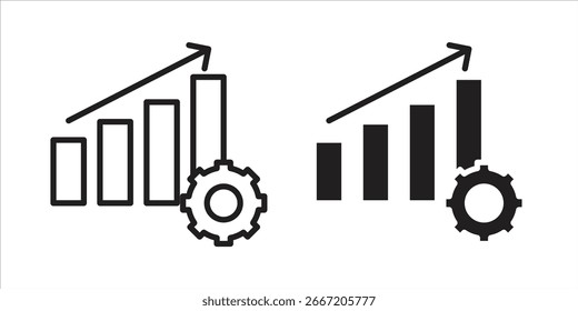 Gráficos de duas barras com tendências e engrenagens ascendentes, ilustrando o crescimento e a melhoria do processo. Isolado no branco.