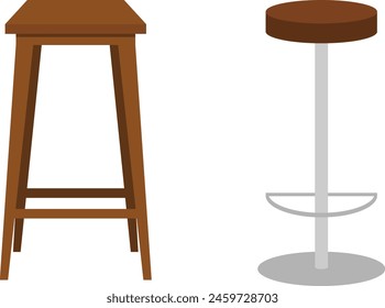 Two bar stools, wooden and metal bar stool isolated on white background with shadow. Vector, cartoon illustration. Vector.