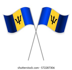 Two Barbadian crossed flags. Combined Barbados isolated on white. Language learning, international business or travel concept.