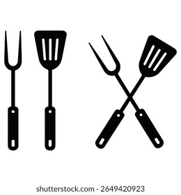 Two barbecue grilling tools fork and spatula silhouette