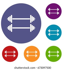 Two barbells icons set in flat circle reb, blue and green color for web