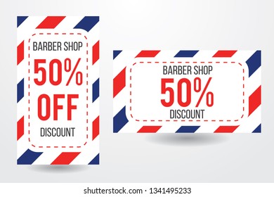 Two barber shop business cards with red blue and white stripes and 50% discount vector