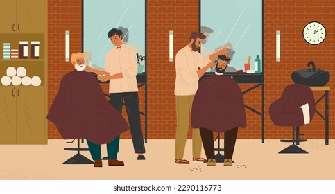 Two barbers making haircut for clients in barbershop, vector illustration. Barber shop interior design with chairs, mirrors. Hairdresser, hairstylist cutting hairs, doing men hairstyles, shaving beard