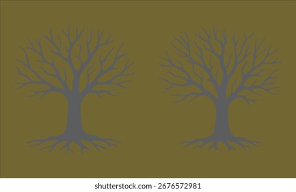Two bare grey trees with visible roots on a muted brown background winter autumn