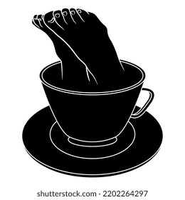 Two bare human feet sticking out from a cup of tea or coffee. Creative funny beverage concept. Dive in drink. Black and white silhouette.