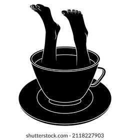 Two bare human legs sticking out of a cup of tea or coffee. Creative funny beverage concept. Black and white silhouette.