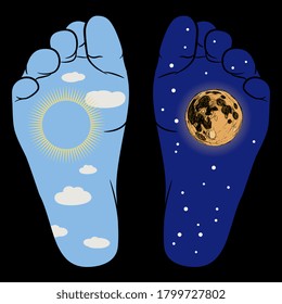 Two bare human soles as day and night. Creative concept for man in universe. Juxtaposition of sun and moon.