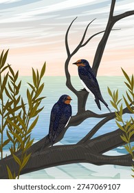 Two barn swallows on a tree branch near the sea, realistic Hirundo rustica birds in coastal landscape with water and willow leaves, nature vector illustration for poster