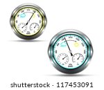 Two barometer instruments,with light indicator in two colors, depending on air pressure, with metal frame, isolated on white,vector