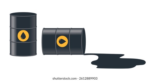 Two barrels, one of which is leaking oil. Vector illustration isolated on white background