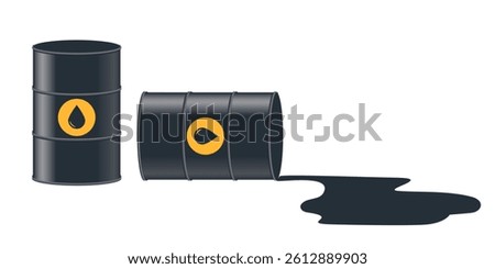 Two barrels, one of which is leaking oil. Vector illustration isolated on white background